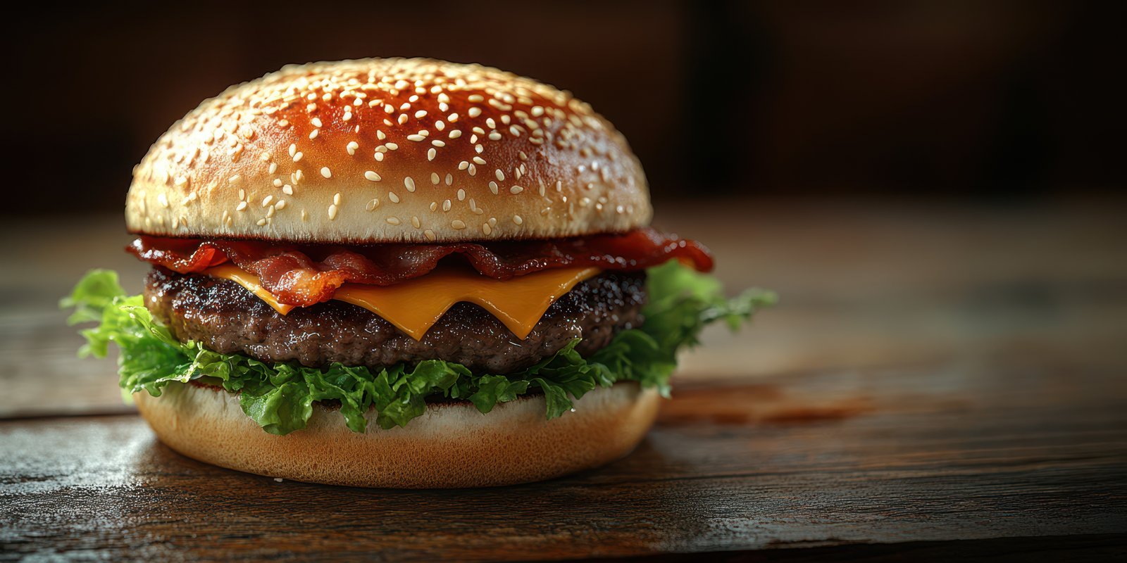 Juicy bacon cheeseburger with lettuce on a wooden table ready to be enjoyed at a casual eatery